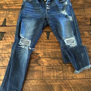 KanCan Blue Ankle Cropped Jeans with Distressed Details